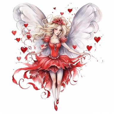 valentine fairy, red and silver colors, hearts, thick border lines, watercolor, clip art, spaced out, white background