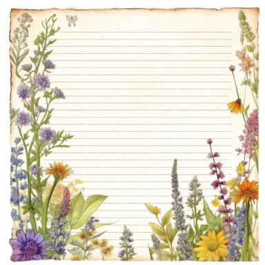 notepad format 4:3 style Scott Gustafson, full view clipart vintage white background in the center, border of wildflowers,full view. in the center, white background clipart ,Clipart surrounded by medicinal herbs perspective, vintage poster, center full view, super detailed full length photo, front view, full view.highly detailed, fantasy art style, White background, watercolor art on watercolor paper, floral, illustration, painting, watercolor, hyper realistic
