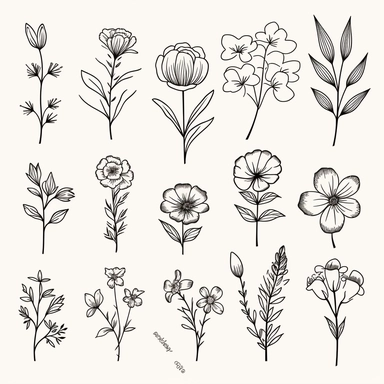 birth flowers clipart set, minimalistic thin line pencil drawing, svg, white background, floral line art