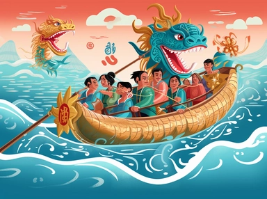 new year dragon boat traditional clip art, in the style of narrative-driven visual storytelling, quito school, illustrated advertisements, creative commons attribution, digitally enhanced, storybook illustration, 2d game art