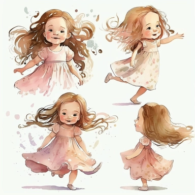 1 cute girl, cute, 5 years old, pink dress, long hair, multiple pose and expressions, children's book illistion style,watercolor clipart,