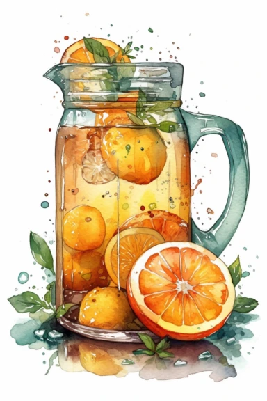 water colour jug of cool oranges juice clipart, HD, isolated on white background, centered, spaced out