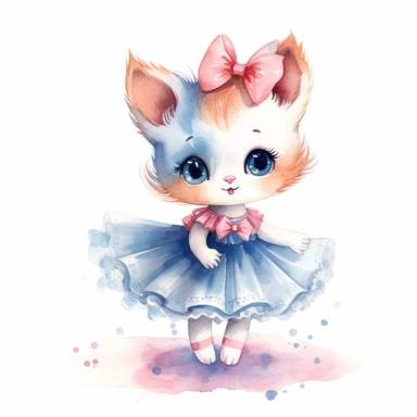 children book illustration. cartoon cute baby cat in tutus. Watercolor clipart. Pixar animation