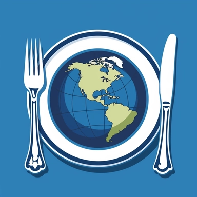 front cover art, world cooking, globe on plate, fork and knife, simple, clip art