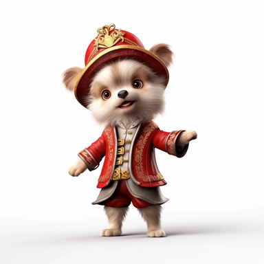Adorable cute fantasy baby dog dressed like bard standing in dynamic pose,front view,fullbody,sharp through out,happy expression, nursery art, clipart image, lineart image, white background, very detailed, 8k, composition wide shot