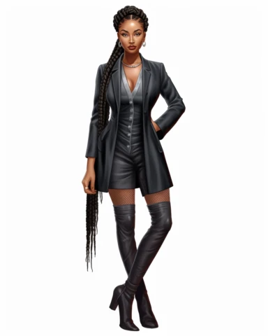 Extremely realistic digital illustration clipart, vector art of ultra beautiful African American woman entrepreneur with beautiful goddess braids, dressed in leather business knee length dress suit in the year 2023, standing in the center of an office on a white background