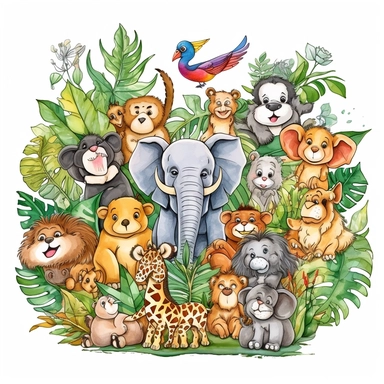 clipart with white background, baby jungle animals playing in the jungle, cute and adorable, clearly defined separate image, high quality--ar3:4-no mockups, watermarks, numbers, writing, letters--q2--v5.1--s1000