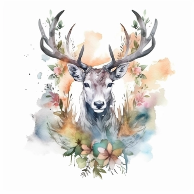 Fantasy Style Beautiful Deer with watercolor effect,Bay leaves,suitable for digital clipart,white background,Mythologic Scene,Ancient rome fashion