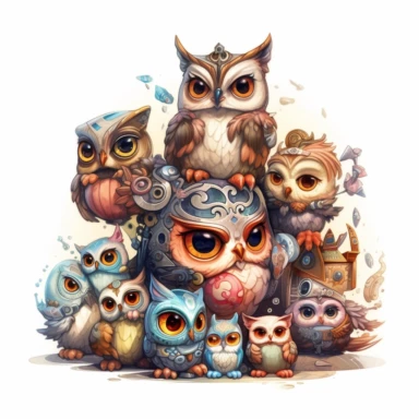 fantasy owl, fantastic owl, wallpaper owl, gods art, aion, Kawaii owl, wallpaper owl, gods art, aion, jewelry, A team of 6 supportive, curious, nerdy computer cats and robots, clipart by Sarah Anderson, pure white background