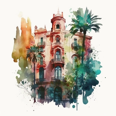 CLIPART WATERCOLOR ON AQUARELLE SPLASH, BARCELONA CASA MILLA ARCHITECTURE COLORFUL