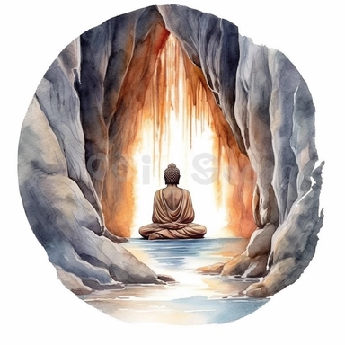 Buddha meditating in a cave with waterfall, watercolor style, clipart solid white background