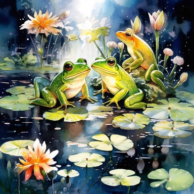 green glistening beautiful swamp flowers full of life and energy sitting by a pond frogs and animals alive and happy next to them, floral art, no background, beautiful, no text, clipart, watercolor