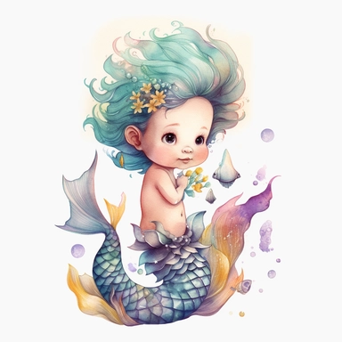 a baby invitation with a happy little boy mermaid wearing a crown made of shells and coral has very long black hair and he is playing, use the colours gold and purple for his tail: botanical watercolor set illustration of little boy mermaid: multiple poses and expressions, Collection of watercolor children's book illustration [little boy mermaid], each [little boy mermaid] tail is a different [color], each [little boy mermaid] is a different [direction], each [little boy mermaid] is a different 