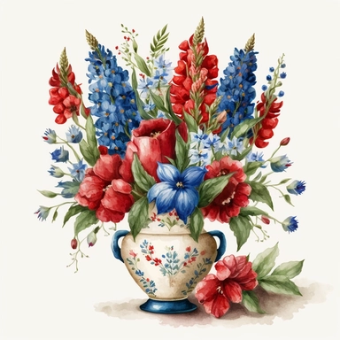 Watercolor Blue Bonnets, Clipart rose floral bouqet in a cute red vase, white background, no text, no caption