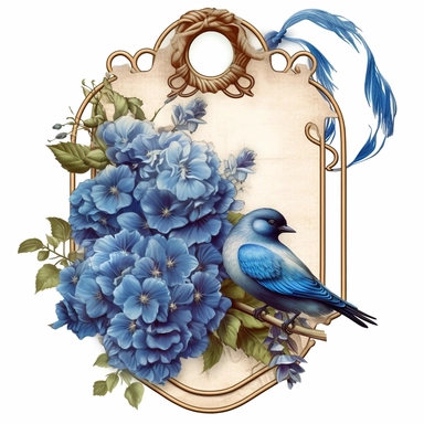 paper tag, hang card with hole, clip art, printed with Blue hydrangea flowers and forgte me knots, bluebirds with realistic feathers and vines in floral frame, in the style of elaborate printed paper gilding, romantic and nostalgic theme, clipart, tie on gift tag, no ribbon, white background,