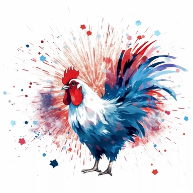 vector graphic, clipart style, chicken with red, white and blue feathers, standing in front of colorful exploding fireworks, white background