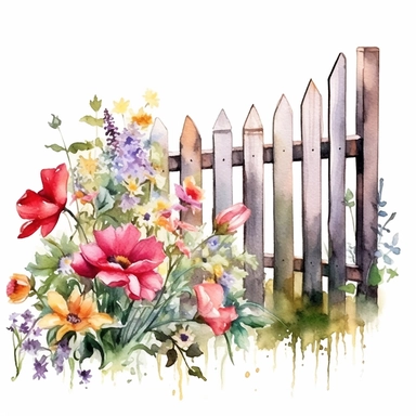 watercolor fence surrounded by flowers and frass clipart