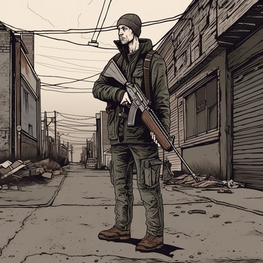 a full body portrait of a man holding his M16 rifle and shoot fire to the side,in a poor street +s ide view+dark color tones+ vintage drawing style ,clipart drawing,clipart image,high definition drawing,clean colors,balanced colors,detailed drawing,ratito 16:9 , aspects : high 1920 + width 1080