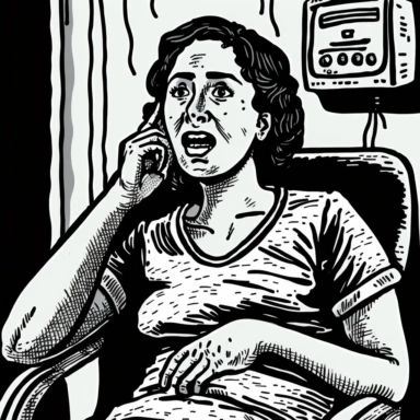 average 35 year old hispanic mother talking on her cell phone, slightly round and short, she is in a hospital room, reclined in a wooden chair, her facial expression is happy, clipart art style, only necessary detail, in black pen ink, black and white only, block print, medium shot