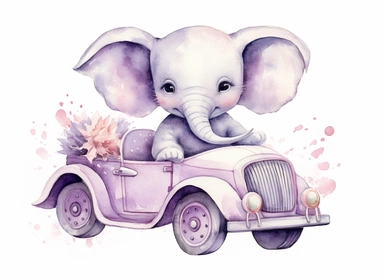 watercolor cute little baby elephant in a retro car, in the style of light silver and light purple, victorian-inspired illustrations, nature-inspired pieces, 5 sets of clipart of different playful compositions, plush doll art, high resolution, isolated on a white background
