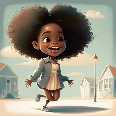 pixar illustration of Sag Harbor town , An illustration of fiver year old light skin happy black girl with curly afro, waving goodbye to Sag harbor Sunset Beach, east hampton , summer vaction, beach town , summer days , muted tones , shy warm heart , pixar , hyper detailed , smooth skin realistic animated — Happy Black Girl Smiling art,black girlsclipart, Funny black girl , Cheerful african american girl child png, clipart, afro ,Full body with legs , Cottage core , preppy , Highly detailed clos