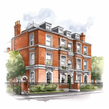 Isolated images, illustrations on a white background, facing front, elevation view, Georgian red-brick five storey terraced house on St Stephen's Green Dublin Ireland, Clipart, watercolor, realistic, isolated, full building, highly detailed, hdr, 32K, photo expert quality, watercolor realistic, hyperrealistic and highly detailed, isolated on a white background