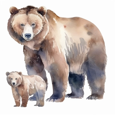 watercolor illustration, grizzly bear with his son, realistic, clipart, high definition, white background