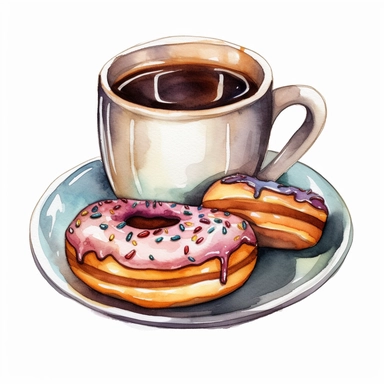 Full isolated coffee cup and donut on a plate on a white background, bolded outline clipart sticker watercolour style, bolded outline sticker, front view, isolated on a white background