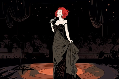 an anime clipart of an opera singer with red hair on the runway and a microphone set against the light, in the style of becky cloonan, curvaceous simplicity, creased crinkled wrinkled, charles addams, gigantic scale, extremely gendered, genderless