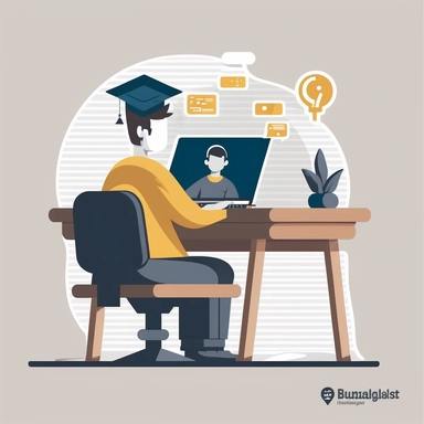 Design a PNG printable clipart featuring a student sitting at a desk with a laptop, engaged in an online lesson. Surround the student with digital icons representing various educational resources such as ebooks, video lectures, and online quizzes. Add Wi-Fi symbol to signify connectivity and a graduation cap to represent the pursuit of knowledge.