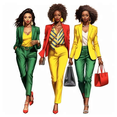 Beautiful african american women, clipart, juneteen red, yellow, and dark green fashion, full body, purse, heels, pants, jacket, shirt, handbag, boss