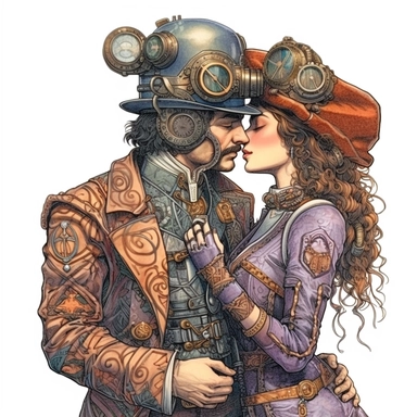 A steampunk duo leaning in for a gentle kiss, their love radiating from their smiles and the spark in their eyes. Ultra high quality, intricate detail, retro-futurism, pastel clipart, white background