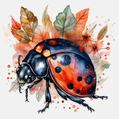 Watercolor, Tribal& Boho Forest Animals a ladybug png Full body realistic cartoon in 32K UHD cute. 15 cm thick outline. Black color. There was no shadow on the ground. 8k with realistic watercolors and detailed illustrations. PNG clipart, transparent white background