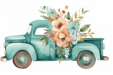 Vintage Flower Truck Clipart, Teal Ford Chevy Truck, Watercolor Truck painting