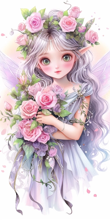 Watercolor beautiful wild roses fantasy forest fairy girl with beautiful face and big eyes with flowers, with angel wing, chibi kawaii animated style, vivid vibrant colors, intricate detail, hyper detailed, hyper quality, 32K, unreal engine, isolated on white background, kawaii, clipart