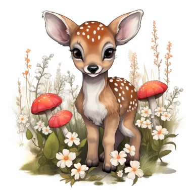 adorable baby deer, full body With Flower Wreaths vibrant colors, red mushroom, outline black, highly detailed, clipart white backround