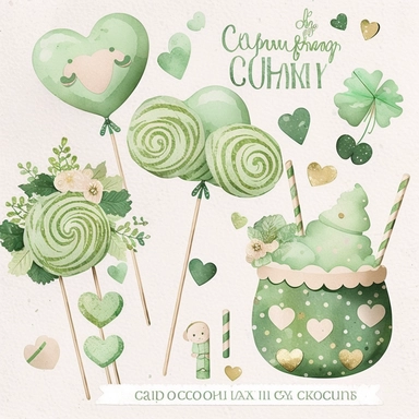 5 st. Patrick candy cliparts with baby props, on paper texture background, simple, cute green colors, boho, baby shower, 8K, high resolution, boho style, watercolor, by chonnieartwork style