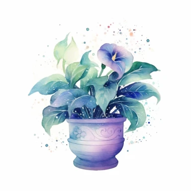 A dreamy watercolor clipart image featuring an ethereal house plant in a celestial pot. The plant's delicate leaves and flowers, painted with soft pastel hues and graceful brushstrokes, create a sense of enchantment and wonder. The pot, adorned with celestial motifs and shimmering watercolor effects, adds a touch of magic to the composition. This mesmerizing clipart is perfect for designs that aim to evoke a sense of fantasy and whimsy, infusing them with a celestial charm. /clipart