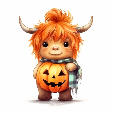 Painterly adorable cutie, baby highland cow wearing halloween costume with a jack o'lantern cartoon, full body, hyperealistic, kawaii, watercolor, clean white background by Clive Madgwick , style by Lucy Fleming, watercolor, smooth gradients, black contour outline, ultra detailed, clipart elements, delicate pastel colors, solid white background, super clear, high quality