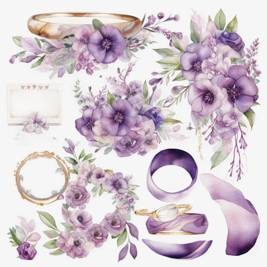 Wedding, Bride Clipart, Sweet love, Wedding arch, Wedding elements, Wedding cake, Rings, Newlyweds Car, watercolor, lilac accent, separate elements, set, 8k, print on demand image, PNG transparent background