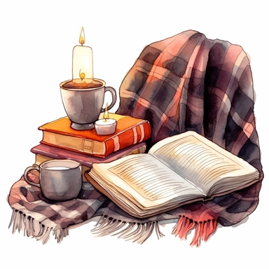 Blanket, open book, cup of coffee, candle, Reading Corner cozy, clipart on a white background, an illustration of by Annabel Kidston, shutterstock contest winner, generative art, detailed painting, digital illustration, intricate in details, photoillustration isolated on white background, digital watercolor , style by Lucy Fleming, watercolor, smooth gradients, black contour outline, ultra detailed, clipart elements, delicate pastel colors, solid white background, super clear, high quality