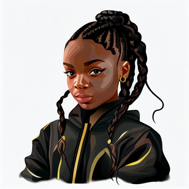 in clipart style Full face portrait centered, full body portrait, with a plain white background of 8k polished award wining photography of neon future branded high fashion and accessories of a stunning black african american little black cat, wearing a r&b Hip hop sweat suit, with long beautiful braids up in a ponytail with smooth brown skin no blemishes, with beautiful long eyelashes and award winning beautiful hazel colored eyes, wearing gold hoop earings in her ears and a matching gold neckla