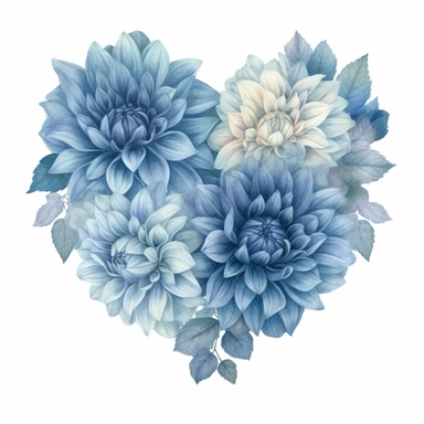 a heart shape made with soft blue and pastel blue Dahlia flowers, wet on dry watercolour style, dark gothic antique look, clipart, white background