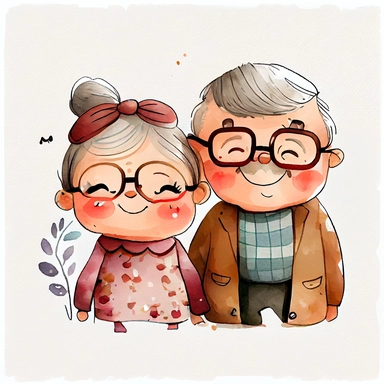 cute adorable happy grandparents, clear white background, handrawn watercolor graphic clipart, cute Children's Drawing, isolated