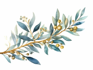 watercolor clipart high detailed teal olive branch with gold glitter on white background