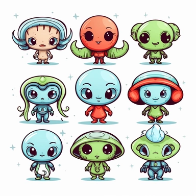 cute alien cliparts in hand drawn vector illustration on white background.
