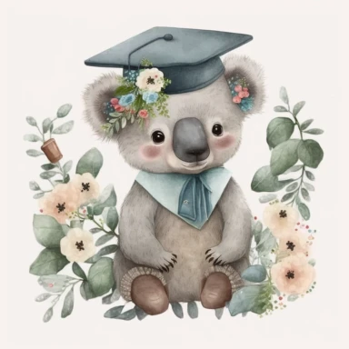 a cute little watercolour Koala Bear kindergarten graduate, nursery graduation, graduation hat, graduation celebration, wearing a graduation hat, flowers, Clipart, isolated white background