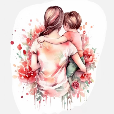 mom hugging son, back view, mothers day, floral, watercolor clipart, hearts, floral, distinct lines, white background, png