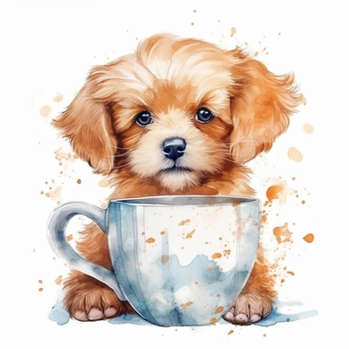 cute puppy holding coffee cup drawn in watercolor, vector design, cutout,Sublimation Clipart ,Cartoon,hyper realistic, intricate detail, illustration style,high solution,on the white background