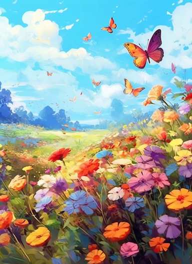 butterflies on a flower field, in the style of 2d game art, nostalgic paintings, 32k uhd, colorful dreamy watercolor scenes, adventure pulp, classical, historical genre scenes, rough-edged 2d animation, watercolor clipart